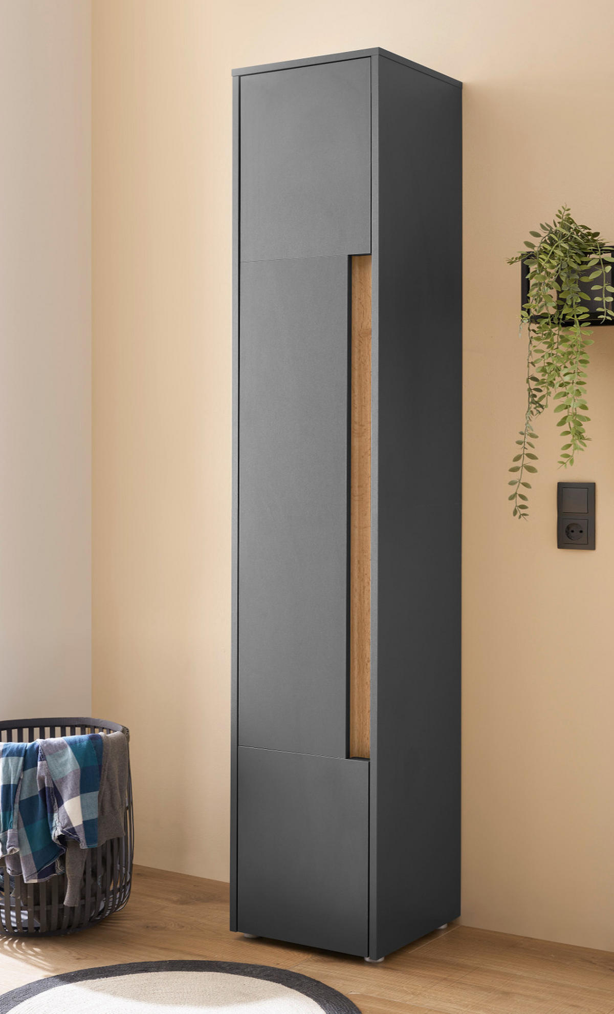 BAD-HOCHSCHRANK grau matt, Wotan Eiche, Badschrank 34 x 200 cm - Eiche Wotan/Schwarz, Holzwerkstoff/Kunststoff (34/199/34cm) - Furn.Design