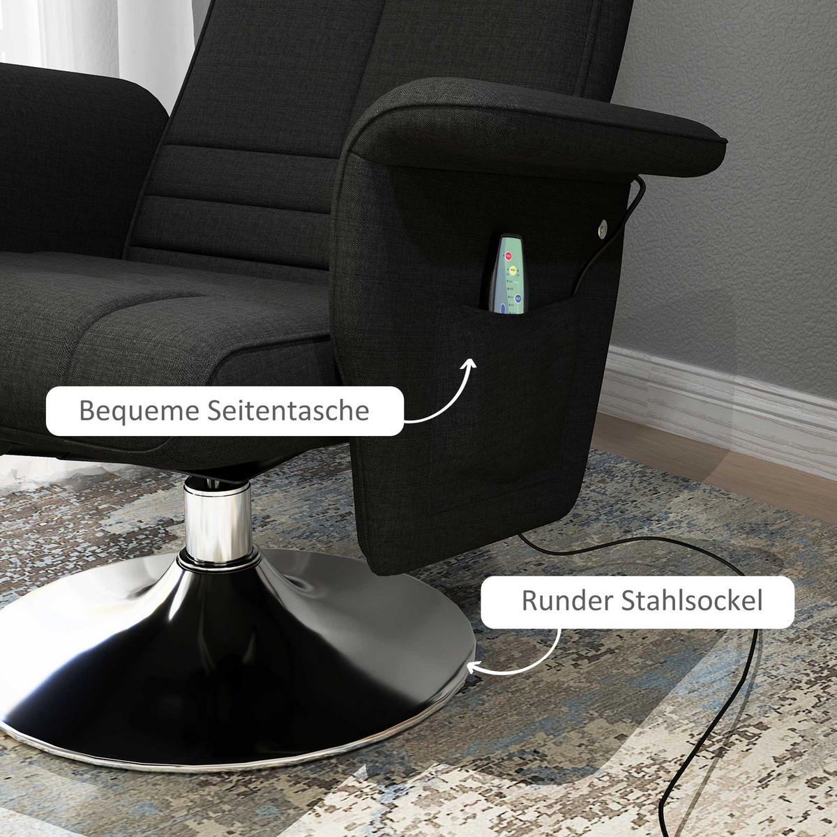 MASSAGESESSEL mit Fußhocker, elektrischer Relaxsessel mit Liegefunktion Schwarz - Schwarz, Textil/Metall (95/88/78cm) - HOMCOM