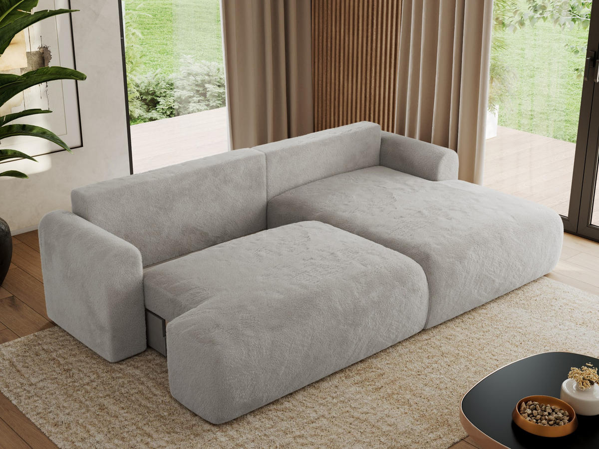 ECKSCHLAFSOFA TONO L Hellgrau Plüsch - rechts - Hellgrau/Schwarz, Kunststoff/Textil (150/260cm) - MKS