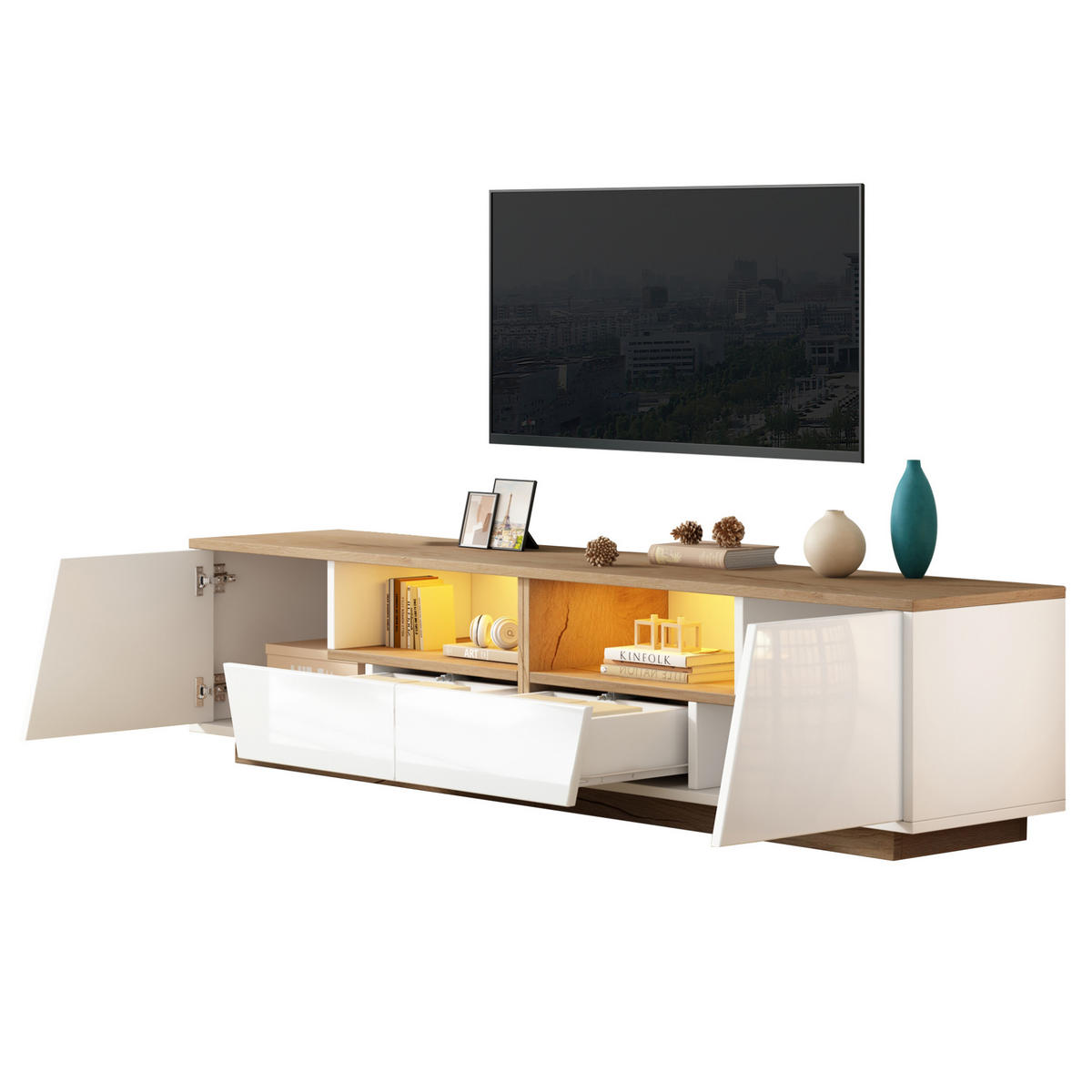 LOWBOARD 180/40/46 cm aus Spanplatte mit LED-Beleuchtung und Hochglanzfront Weiß (Holzoptik) - Weiß, Holzwerkstoff (180/46/40cm) - Modenvie