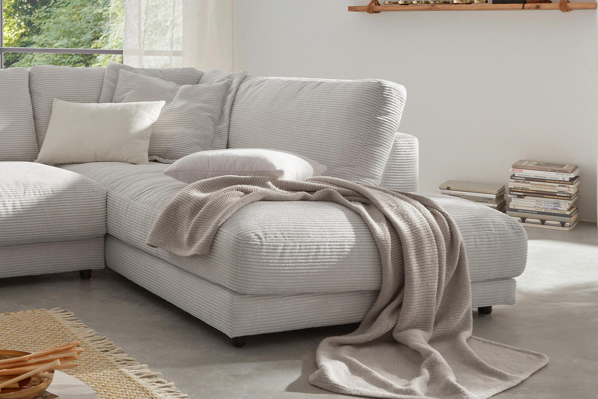 ECKSOFA MADELINE Hellgrau Cord - Hellgrau/Schwarz, Kunststoff/Textil (325/224cm) - KAWOLA
