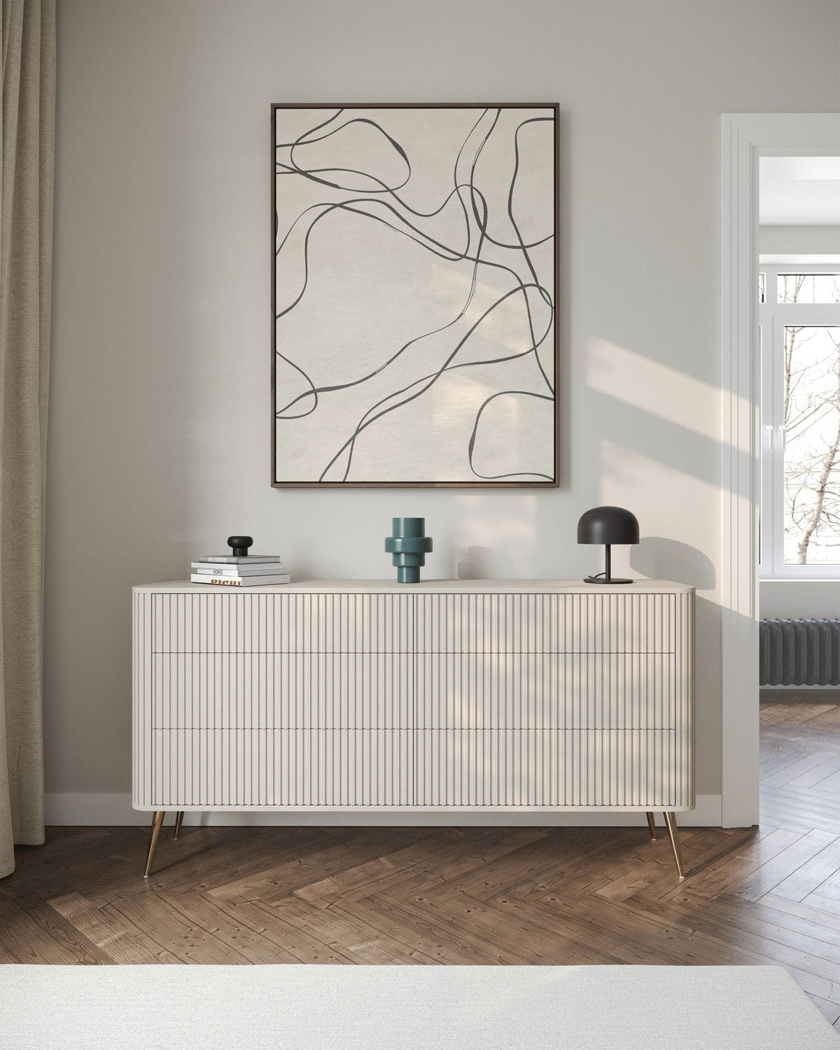KOMMODE Ovarlo Greige mit Metallbeinen 168 cm - Taupe/Goldfarben, Holzwerkstoff/Metall (168/83.8/38cm) - Selsey