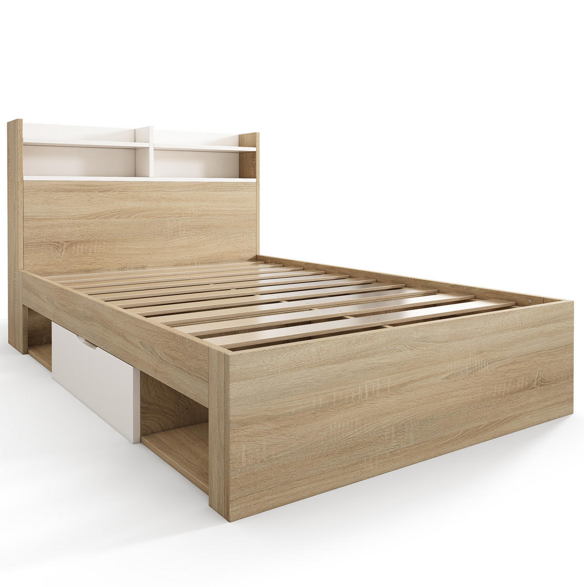 EINZELBETT 90/200 cm mit Kopfteil-Ablage, 2 Schubladen und offenen Fächern aus Holz, Weiß/Eiche - Weiß, Holzwerkstoff (90/200cm) - Redom