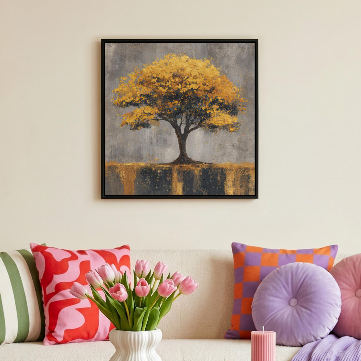 LEINWAND Bilder mit Rahmen - Baum - Blätter - Gold - Abstrakt - 50x50 - Grau, Textil (50/50cm) - MuchoWow