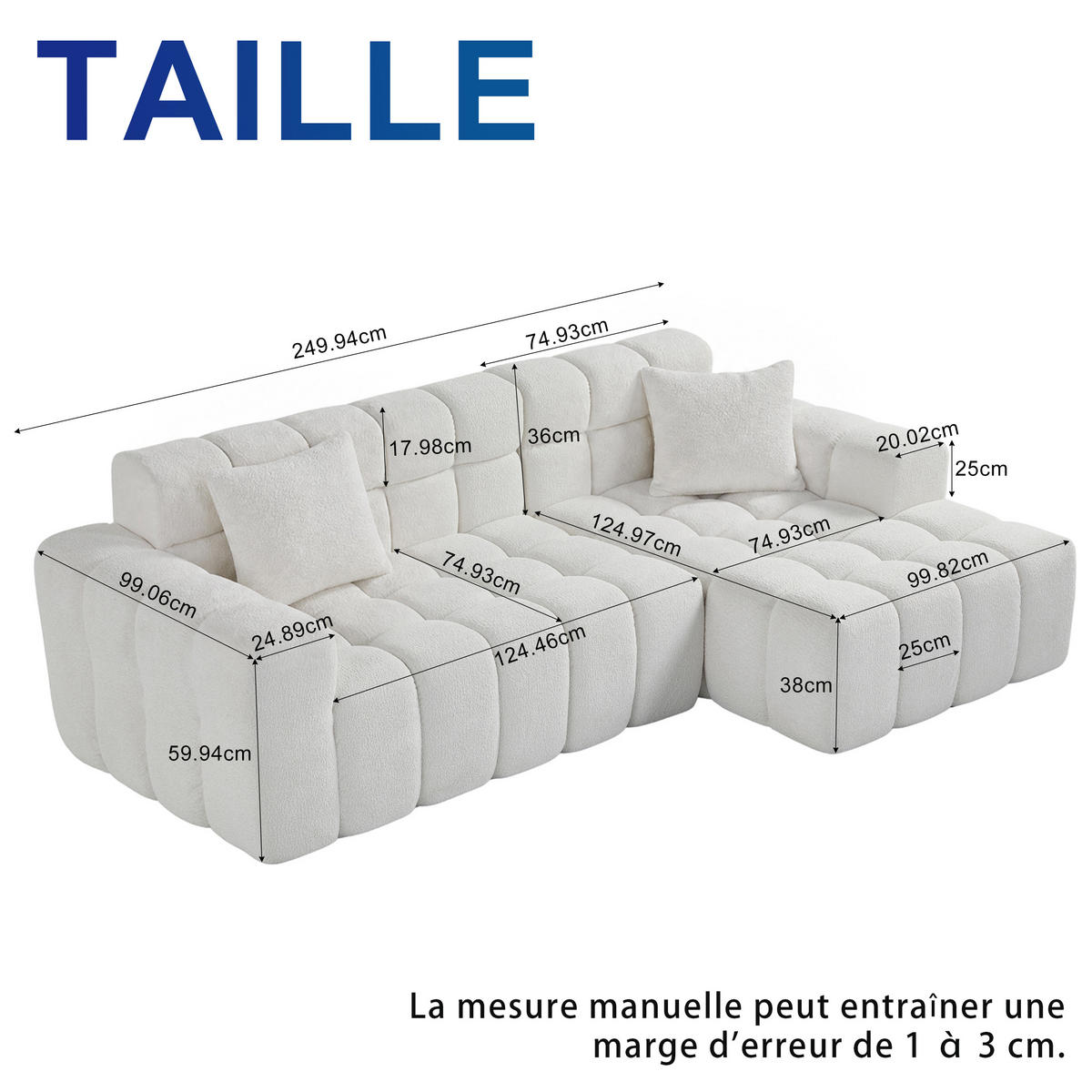 ECKSOFA modular 250/150/65 cm Weiß aus Velours mit Chaise Longue - Weiß, Textil (150/250cm) - MIVRAY