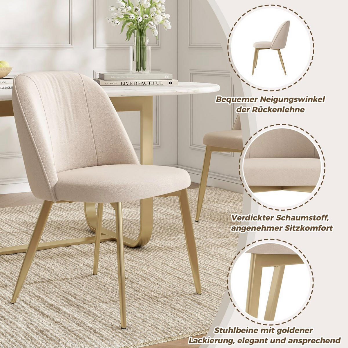 ESSZIMMERSTÜHLE 2er Beige Samt Gold modern bequem - Beige, Textil (50/80/53cm) - FLIEKS