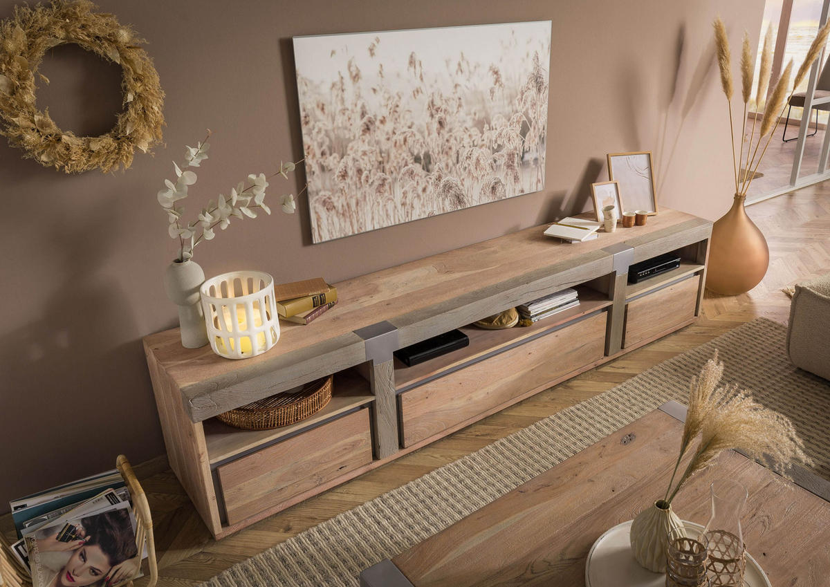 TV-BOARD Akazie 250x48x55 beige lackiert Amsterdam #127 - Beige, Holz (250/55/48cm) - Massivmoebel24