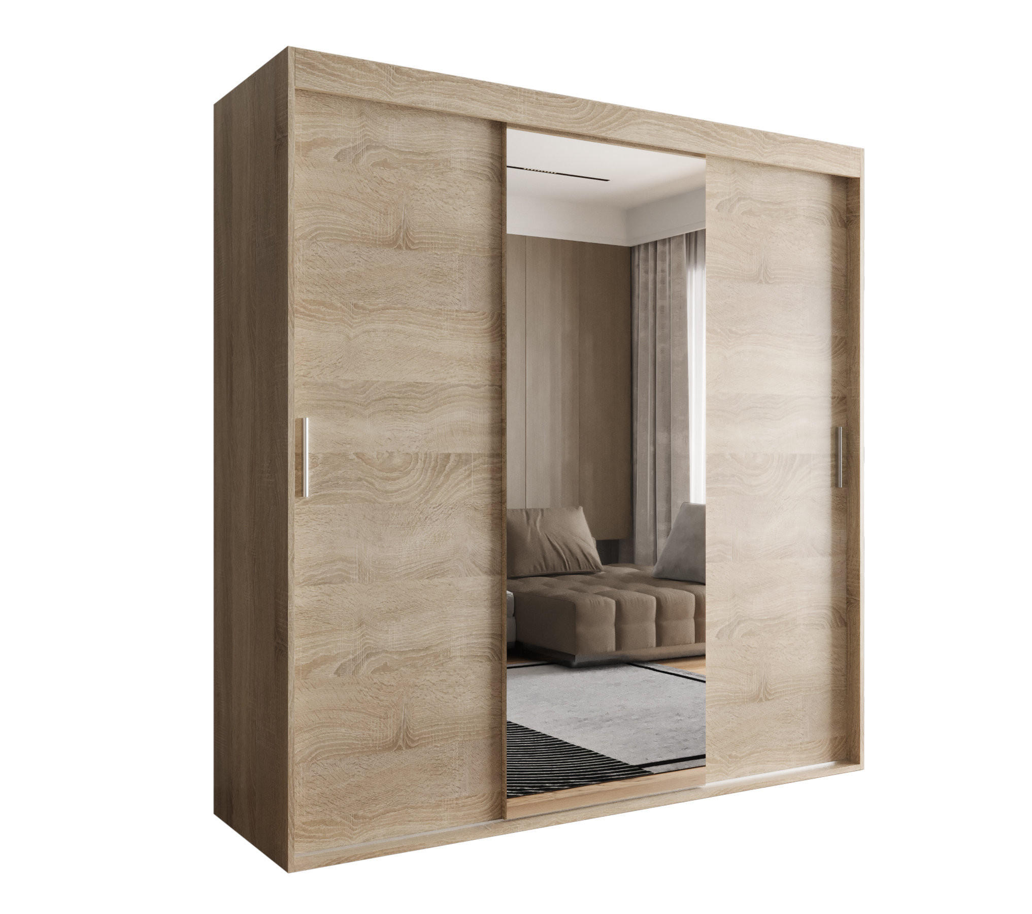 SCHIEBETÜRENSCHRANK OTARIO, 3-türig Kleiderschrank mit 1 Spiegel, Moderne Garderobe, Schrank in Größe: 180 x 205 x 60 cm - Braun, Holzwerkstoff (180/205/60cm) - O-Sofa