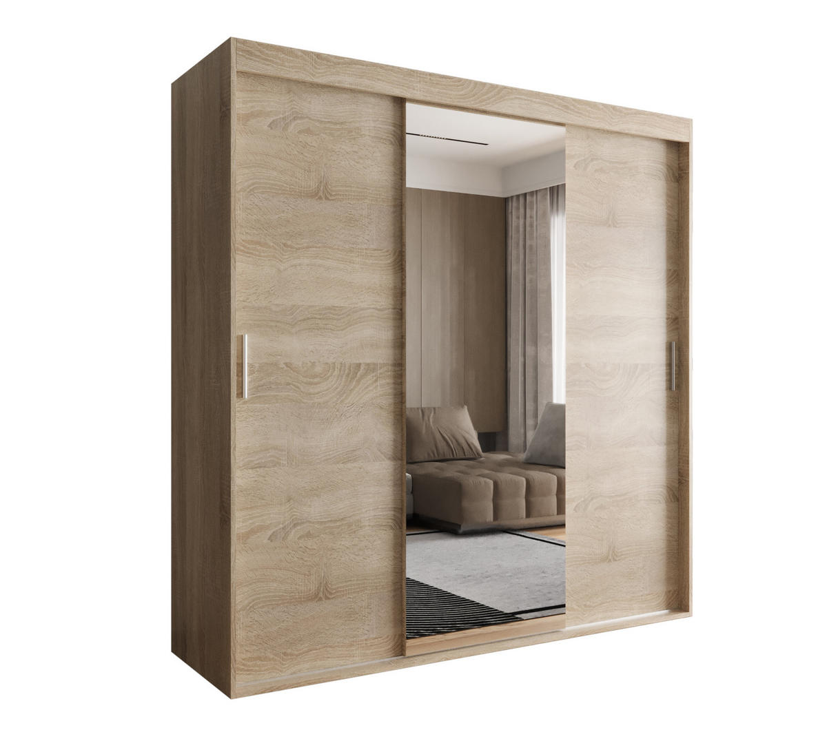 SCHIEBETÜRENSCHRANK OTARIO, 3-türig Kleiderschrank mit 1 Spiegel, Moderne Garderobe, Schrank in Größe: 180 x 205 x 60 cm - Braun, Holzwerkstoff (180/205/60cm) - O-Sofa