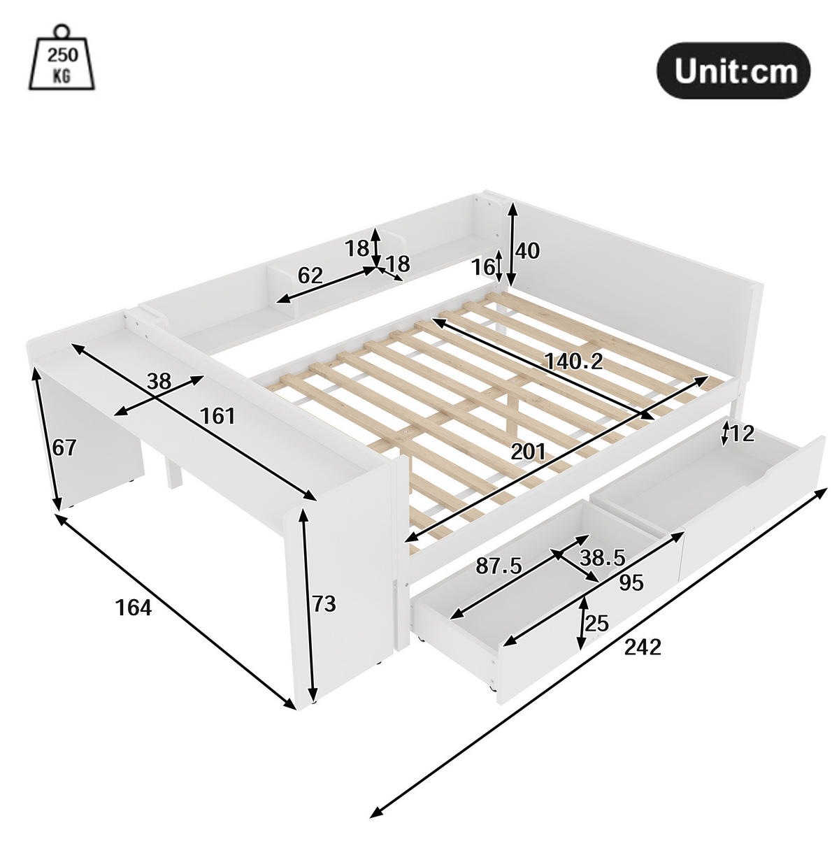BETT 140/200 cm mit Schreibtisch, 2 Schubladen und 3 Regalen aus Kiefern und Spanplatte, Weiß/Rosa - Weiß, Holzwerkstoff (140/200cm) - Redom