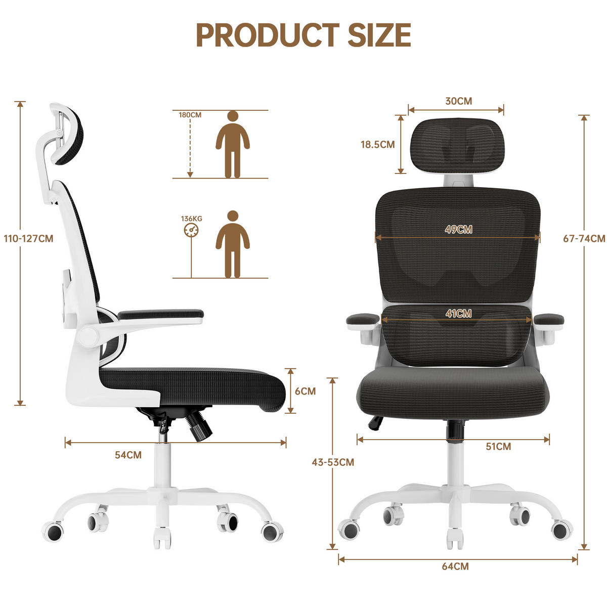 BÜROSTUHL Schwarz-Weiß ergonomisch mit klappbaren Armlehnen - Weiß, Metall (25/52.5/65cm) - Rattrix