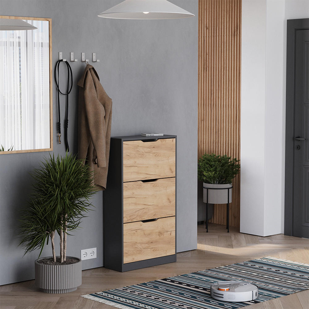 SCHUHKIPPER Luca Anthrazit/Goldkraft Eiche 59 x 105 cm mit 3 Fächern - Honigeiche/Anthrazit, Holzwerkstoff (59/105/22cm) - Vicco