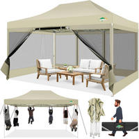 FALTPAVILLON 3 x 4.5 m Wasserdicht mit 4 Netzseitenwänden Khaki - Beige, Textil (300/336/450cm)