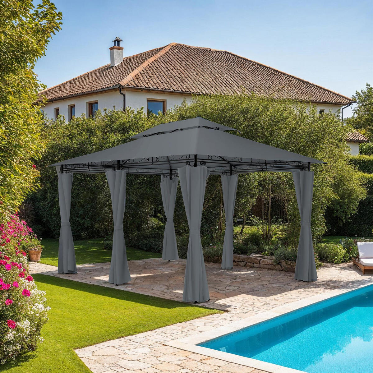 GARTENPAVILLON Emine,inklusive Spannseilen und Heringen,anthrazit - Anthrazit, Kunststoff (300/265/400cm) - tectake