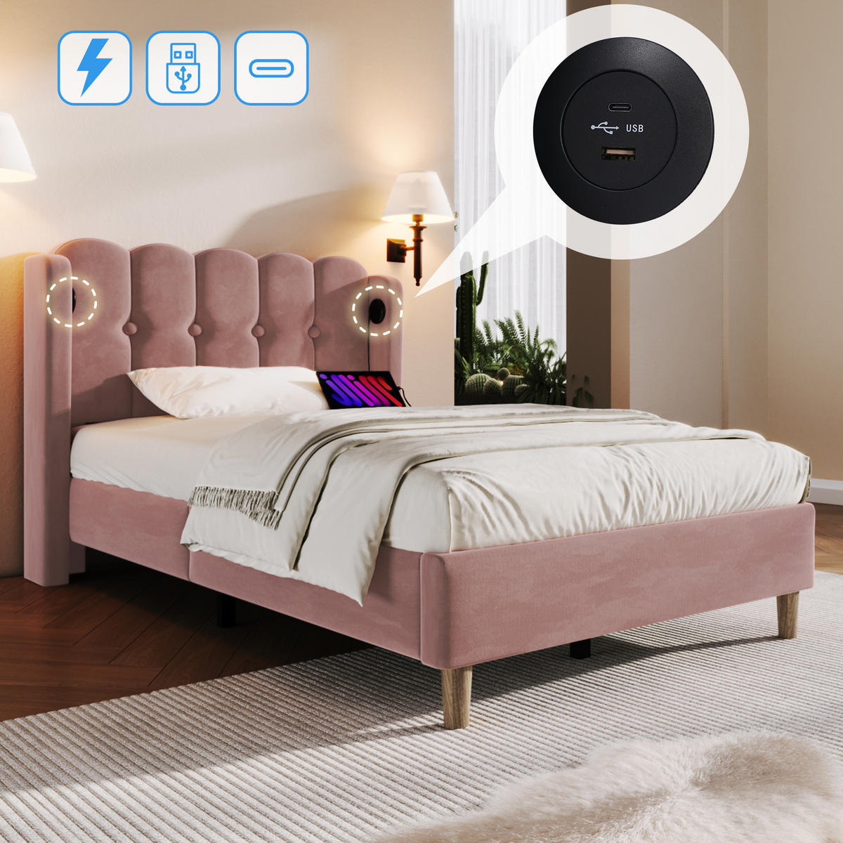 POLSTERBETT 90/200 cm aus Samt mit USB-C-Ladefunktion und Matratze Rosa - Rosa, Textil (90/200cm) - Modenvie