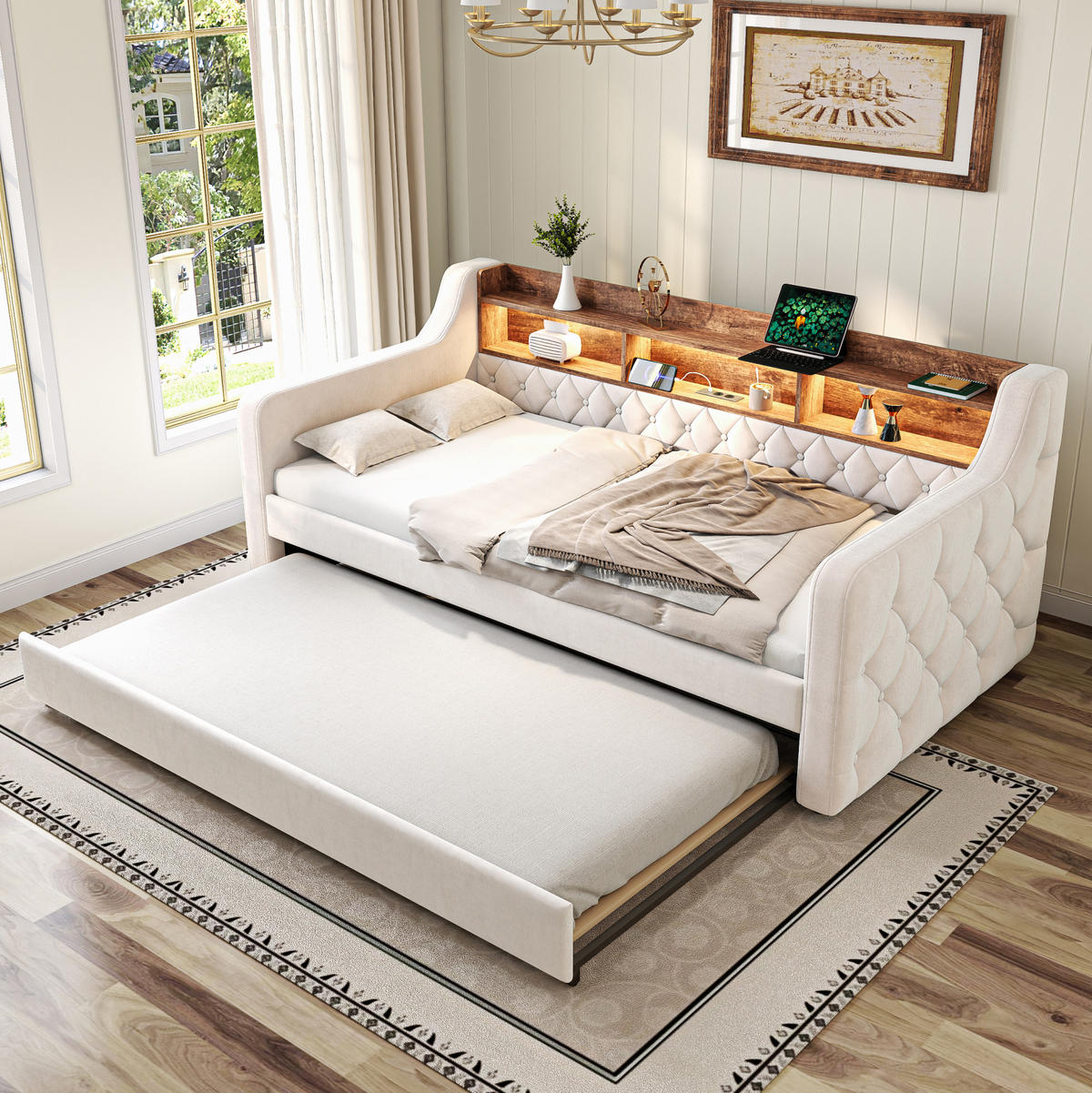 SCHLAFSOFA 90/190 cm aus Samt mit Ausziehfunktion, LED-Beleuchtung, USB-C und Stauraum, Beige - Beige, Textil (201/75/107cm) - Redom