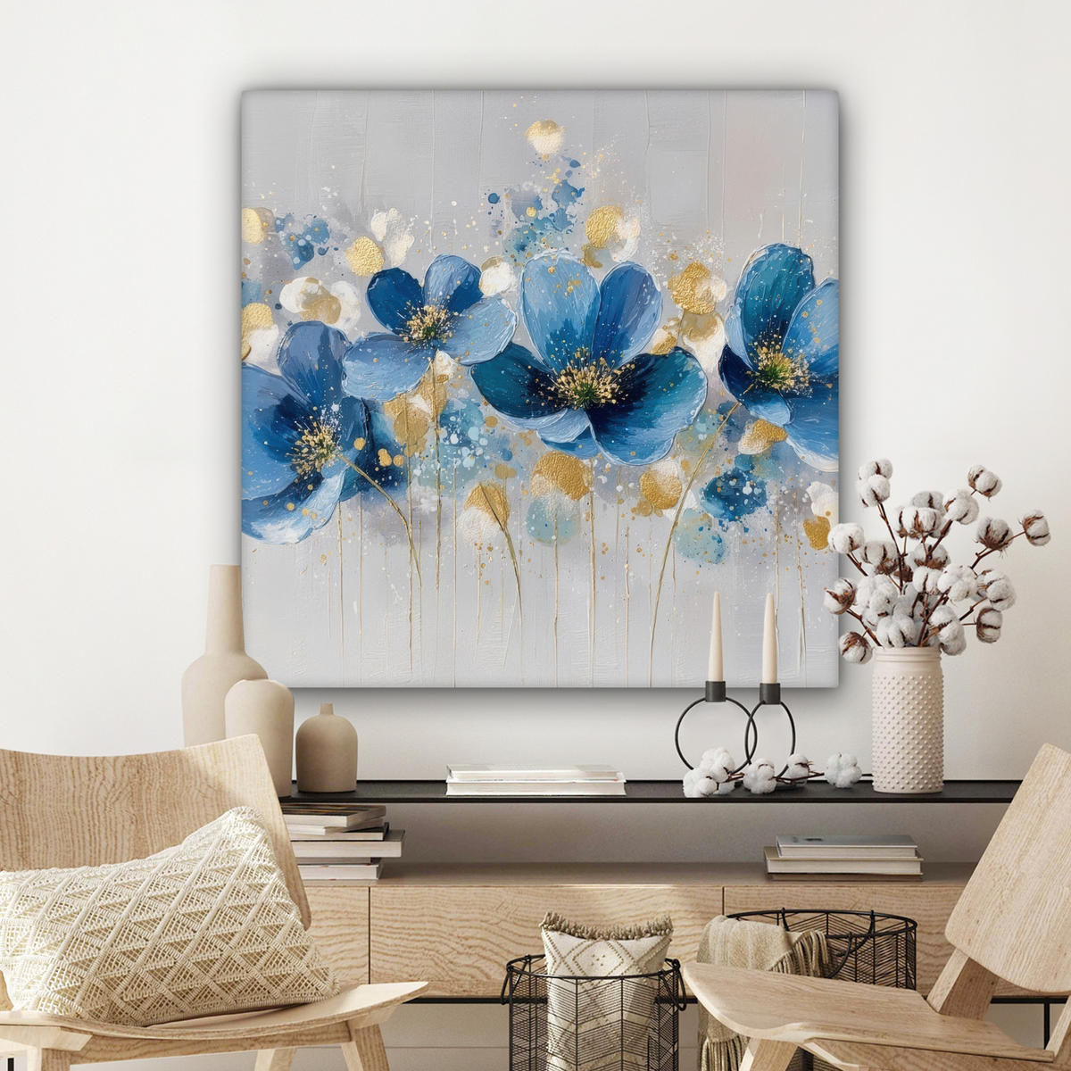 LEINWANDBILD Blumen - Blau - Abstrakt Deko Groß 90x90 cm - Hellgrau, Textil (90/90cm) - MuchoWow