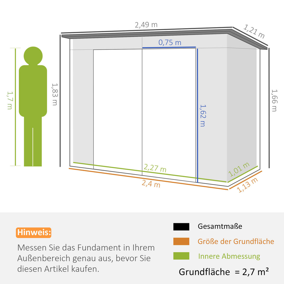 GERÄTEHAUS aus Stahl, 2,7 m² Geräteschuppen mit Doppeltür, Gartenschuppen, Grau - Grau, Metall (121/183/249cm) - Outsunny