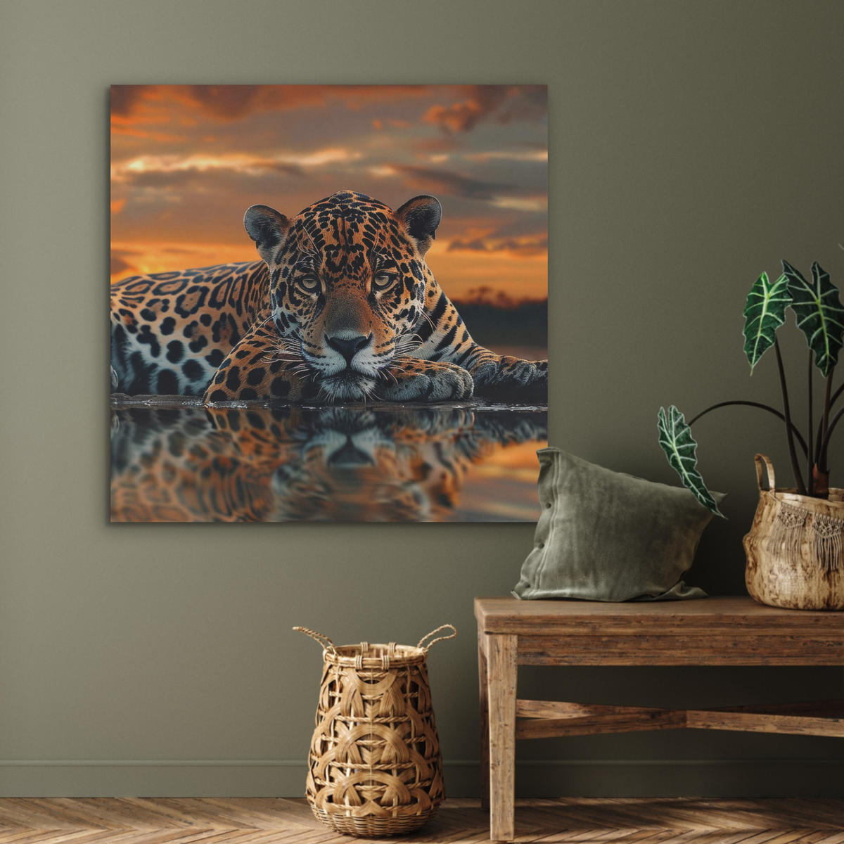 AKUSTIKPANEEL Natur - Leopard - Tier - Sonnenuntergang - Modern 90x90 cm - Orange, Textil (90/0.9/90cm) - MuchoWow