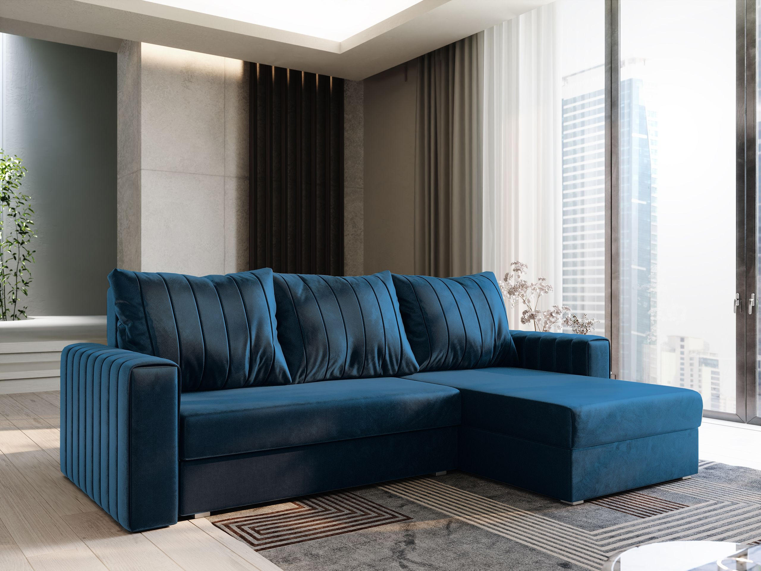 ECKSOFA CARL Blau Plüsch-Stoff mit Schlaffunktion - Blau, Holz (236/150cm) - MASSENO