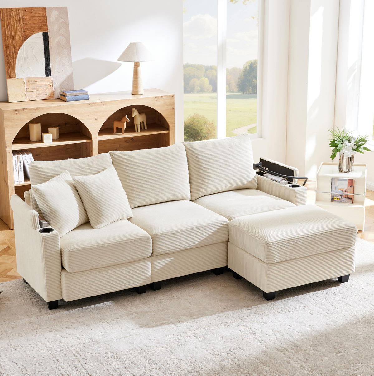 ECKSOFA 213,5/139/87 cm beige aus Cord mit USB-Anschluss und Hocker - Beige, Textil (139/213.5cm) - OKWISH