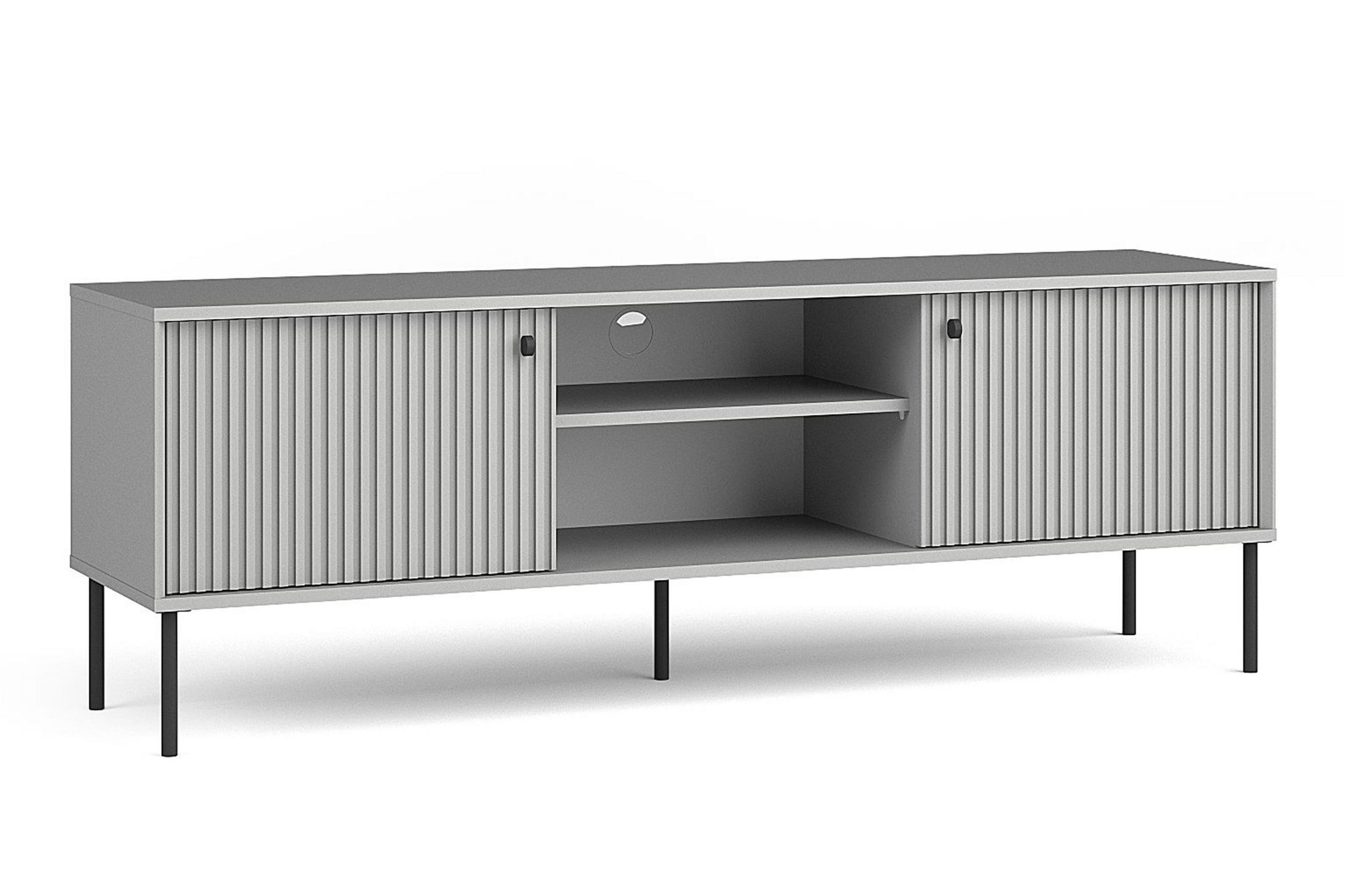 LOWBOARD Irelis 2T Grau 158/54,8/40,5 cm – mit geriffelten Fronten und offener Ablage - Schwarz/Grau, Holzwerkstoff/Metall (158/54.8/40.5cm) - AX Living