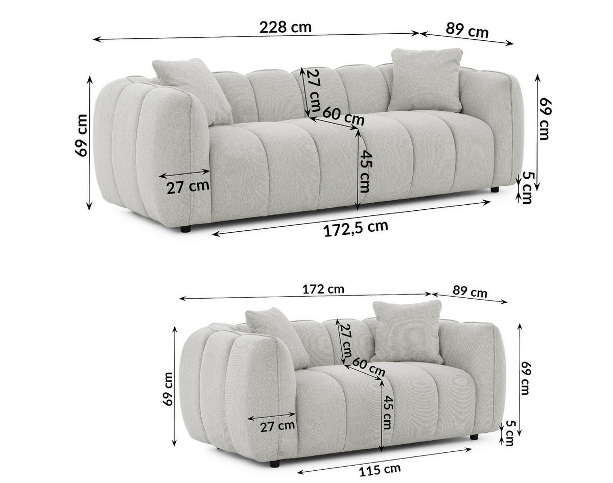 SITZGARNITUR 3+2 Nubira in tief gesteppter Bubble-Optik aus weichem Hellgrau Strukturstoff im modernen Design - Hellgrau/Schwarz, Holz/Kunststoff (228/69/89cm) - S-Style Möbel