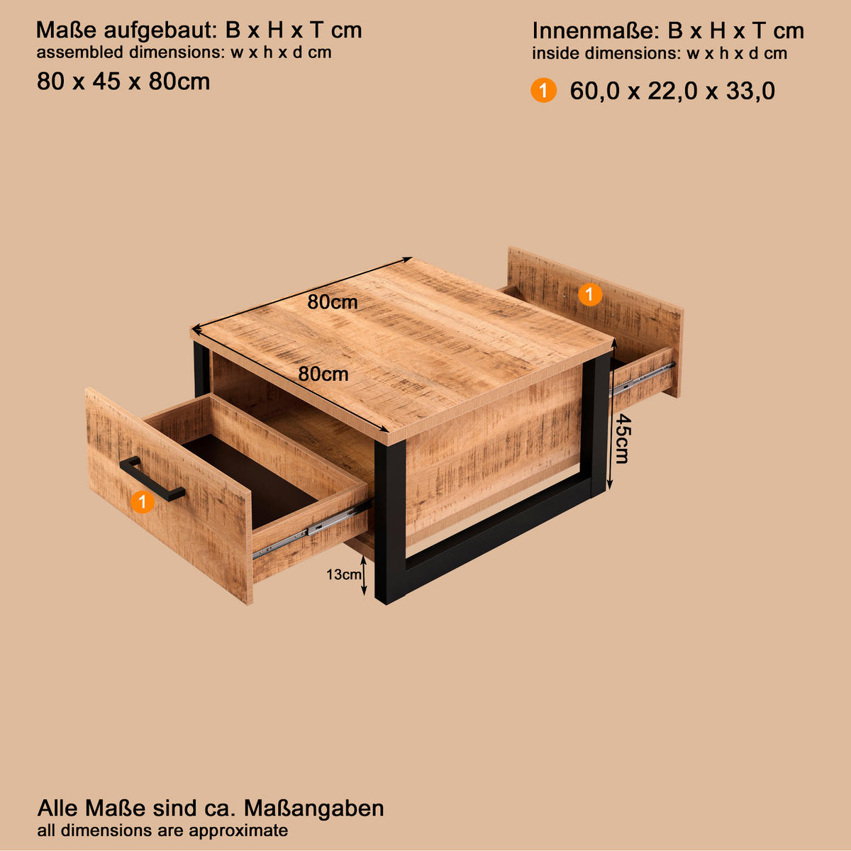 COUCHTISCH Mango, schwarz quadratisch 80 x 80 cm, Beistelltisch mit zwei Schubladen - Schwarz/Naturfarben, Holzwerkstoff/Kunststoff (80/80/45cm) - Top.Furn