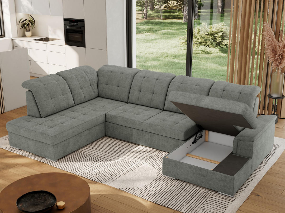 WOHNLANDSCHAFT MADRITO U - Grau Struktur - Links - Silberfarben/Grau, Textil/Metall (204/89/323cm) - MKS
