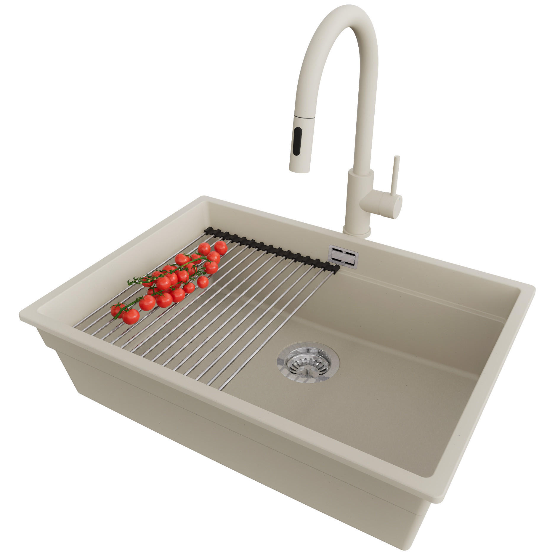 GRANITSPÜLE Praga Slim, 2-er set Beige 66/47 cm 1 Becken + Küchenarmatur 40/20 cm + Ablauf-Set + Aufrollbare Abtropffläche ab 70er Unterschrank - Chromfarben/Beige, Kunststoff (66/20/47cm) - Primagran