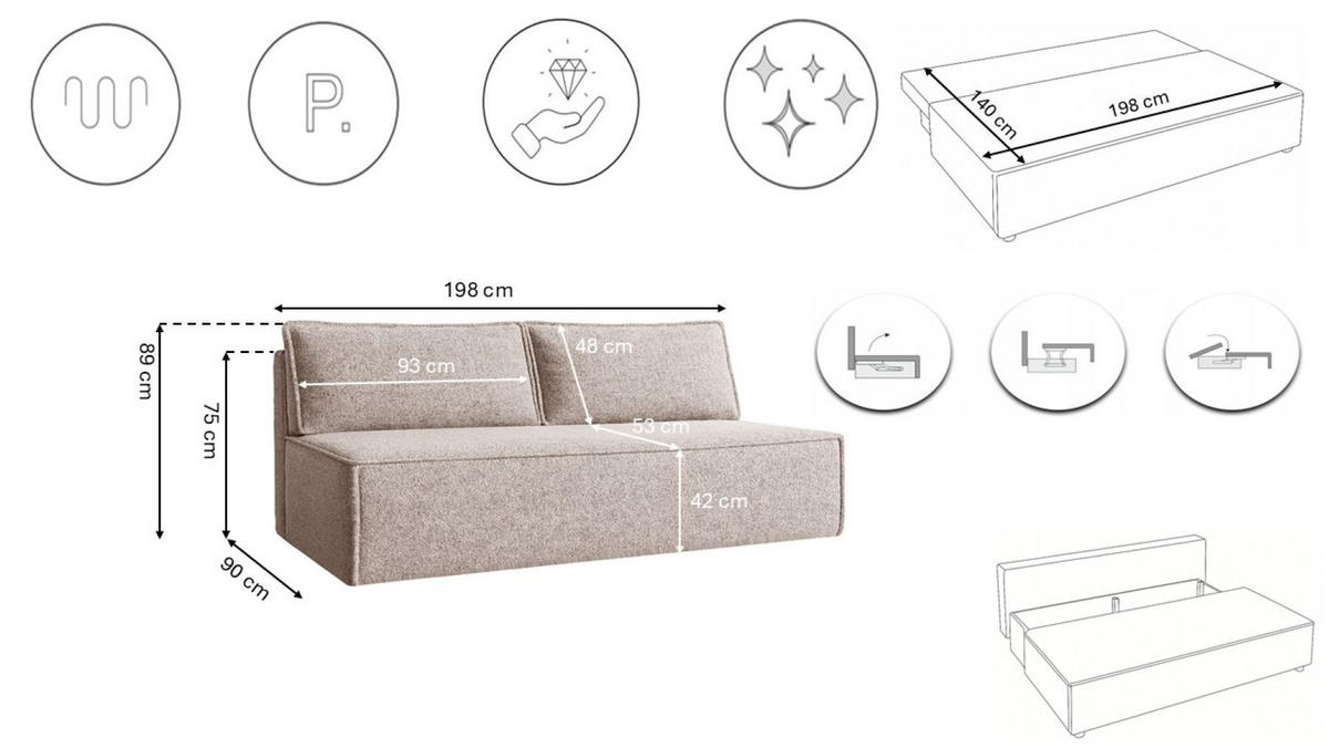 SCHLAFSOFA Mit Bettkasten DUO Stoff Verita Beige - Beige, Holz/Kunststoff (198/89/90cm) - Kaiser Möbel