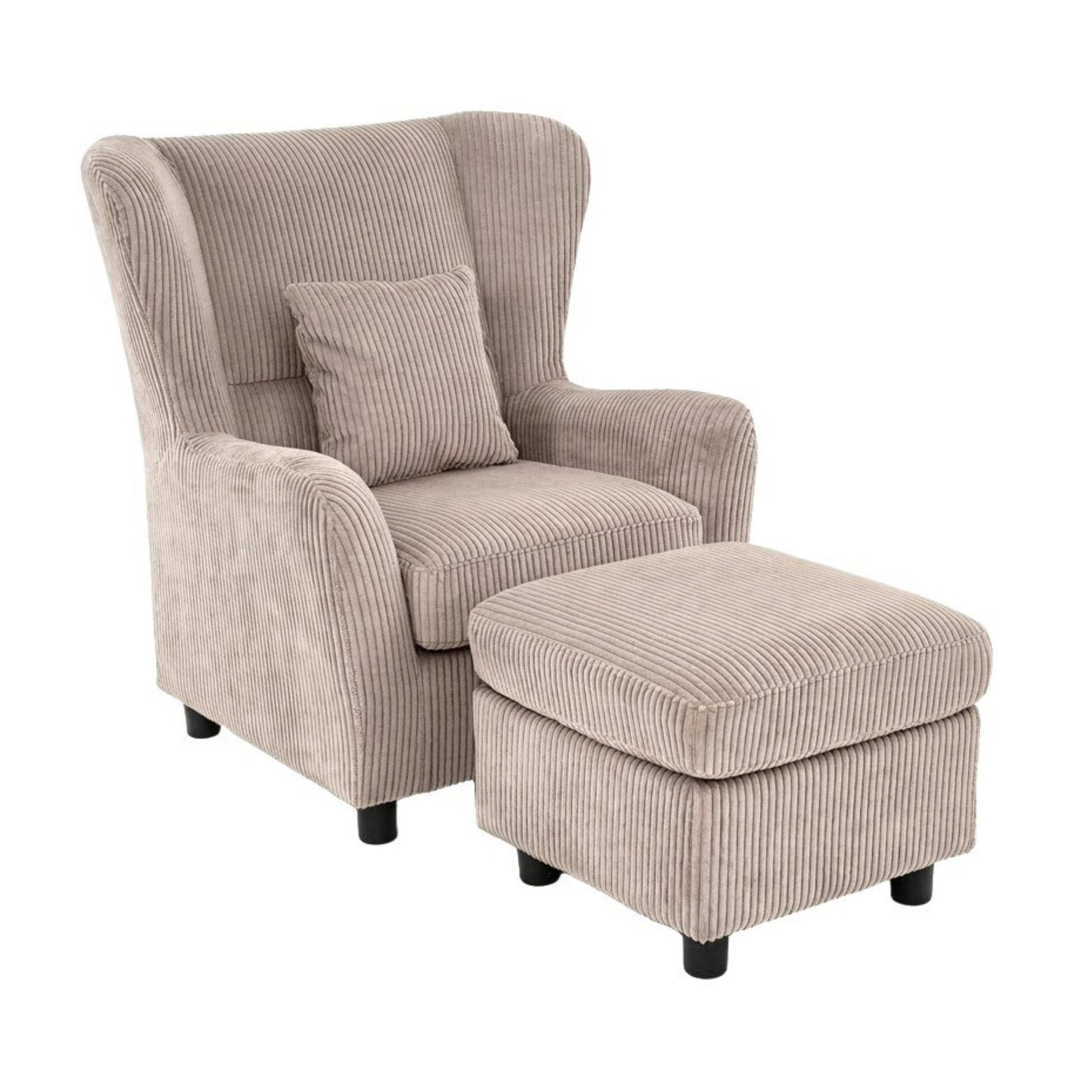 OHRENSESSEL mit HOCKER, hoher Sitzkomfort durch Taschenfederkern, Cord Taupe / 16144 - Taupe/Schwarz, Holz/Textil (89/95/79cm) - luma-home