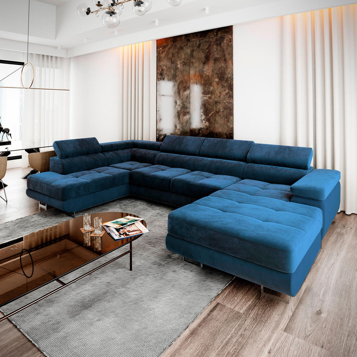 WOHNLANDSCHAFT CASONE L-S Blau Velours-Stoff mit Schlaffunktion - Blau, Holz (345/90/202cm) - MASSENO