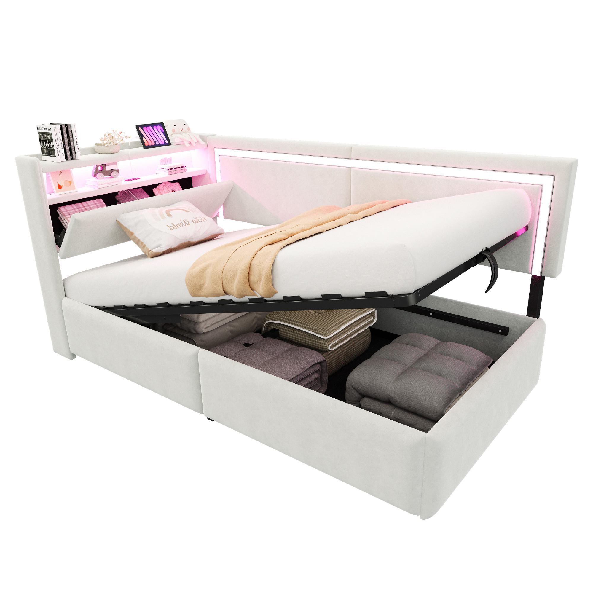 POLSTERBETT 90/200 cm beige aus Samt mit LED und USB und Stauraum - Beige, Textil (90/200cm) - OKWISH