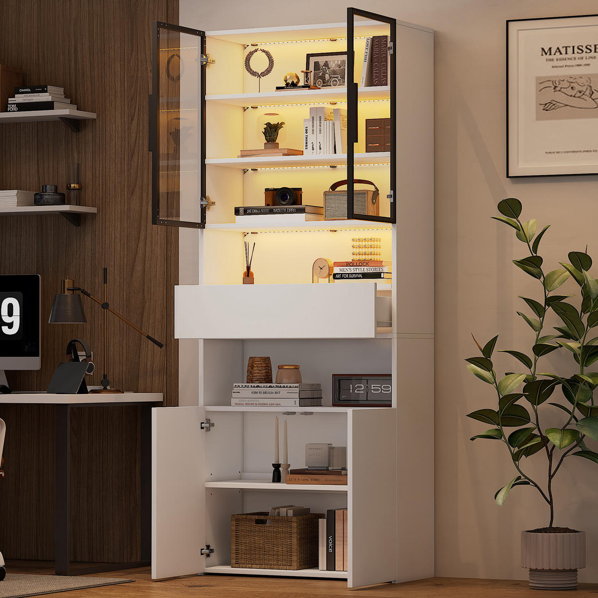 VITRINE LED Glas Hochschrank 2 Türen Schubladen Weiß - Weiß, Holzwerkstoff (70/200/30cm) - FLIEKS