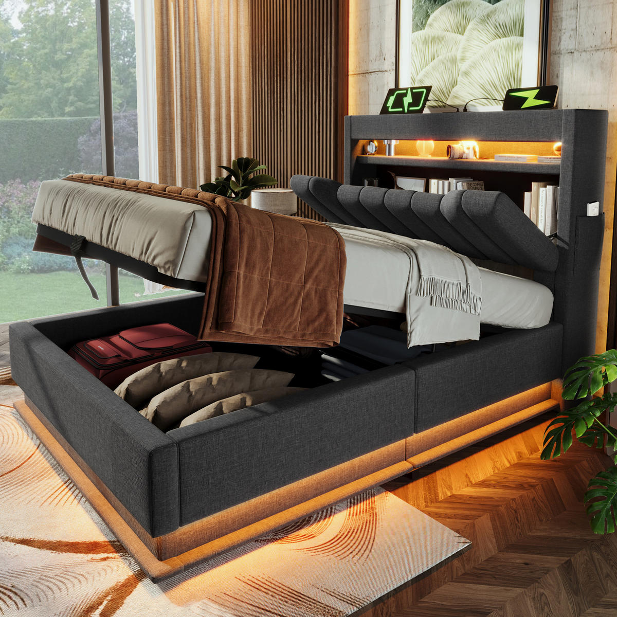 BETT mit Stauraum und LED 90x200 cm Leinen Grau inkl. Matratze - Grau, Metall (90/200cm) - Meubliv