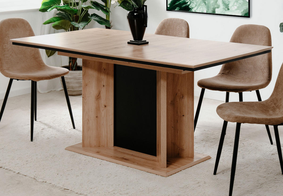 ESSTISCH Eiche Artisan, schwarz, Säulentisch ausziehbar 160 - 200 x 90 cm - Schwarz/Eiche Artisan, Holzwerkstoff (160/90/76cm) - Furn.Design
