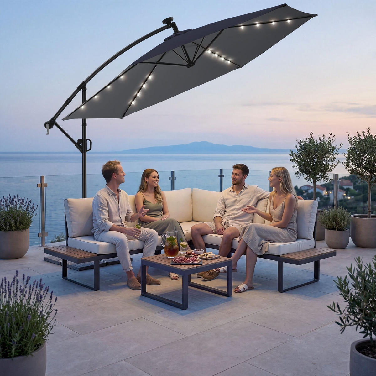 AMPELSCHIRM Artemis, mit LED Solar-Beleuchtung, inkl. Schutzhülle, grau - Grau, Metall (300/291cm) - tectake