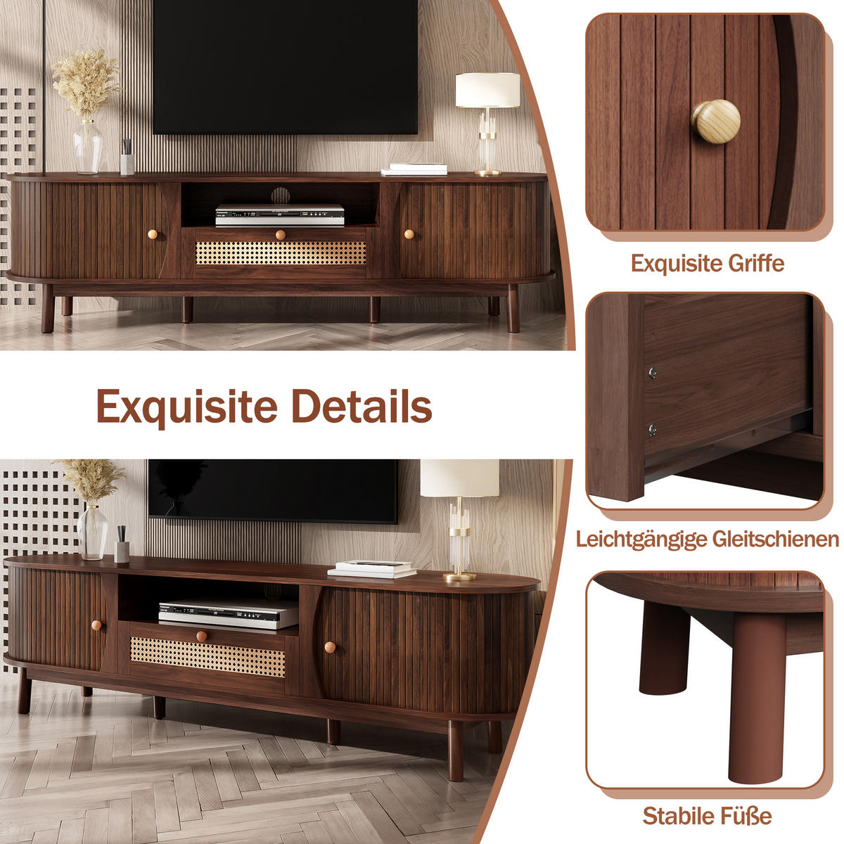 TV-SCHRANK Rattan Landhaus Türen Schubladen Massivholz - Walnussfarben, Holzwerkstoff (37/46/165cm) - FLIEKS