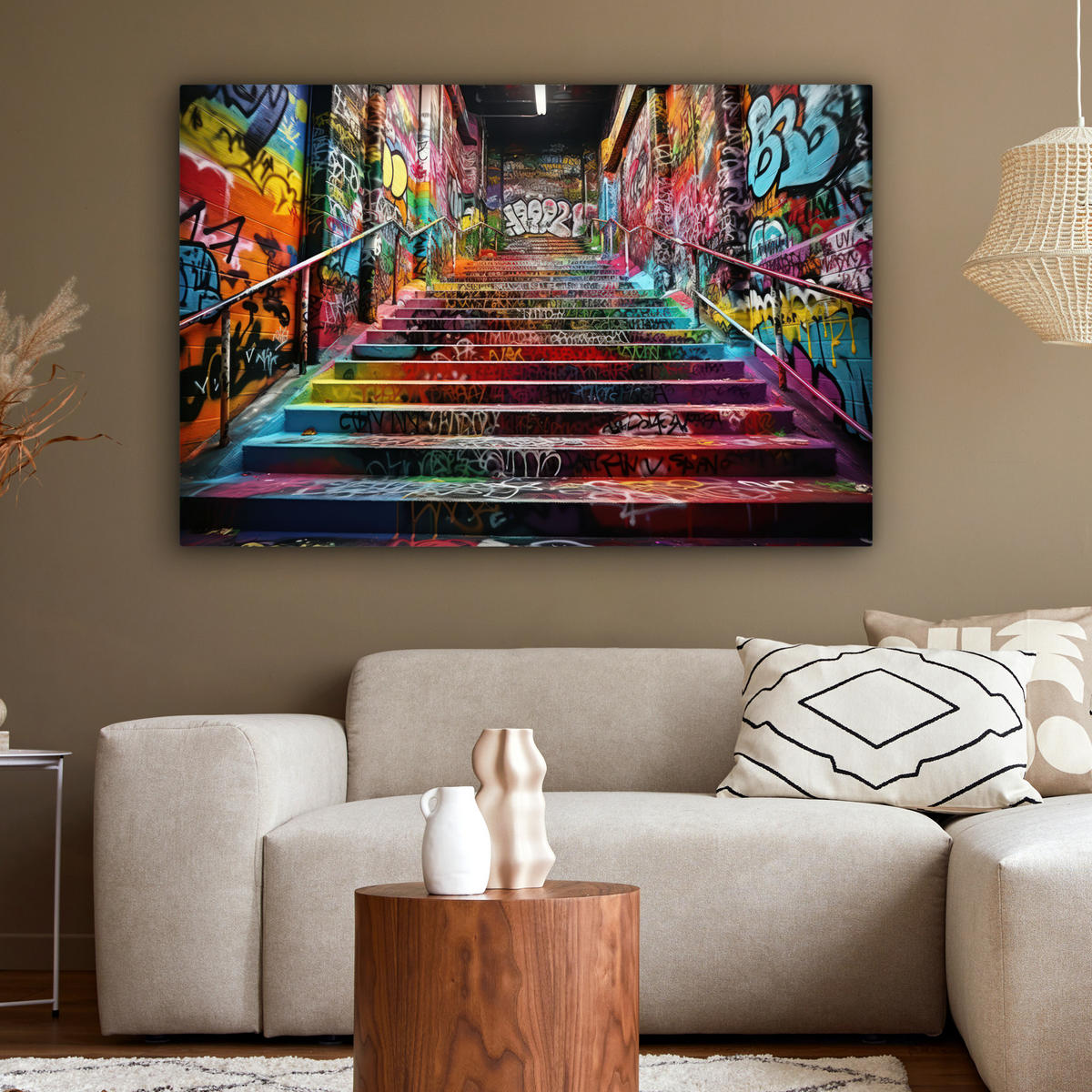 LEINWANDBILD Treppe - Graffiti - Farben - Kunst XXL 150x100 cm - Multicolor, Textil (150/100cm) - MuchoWow