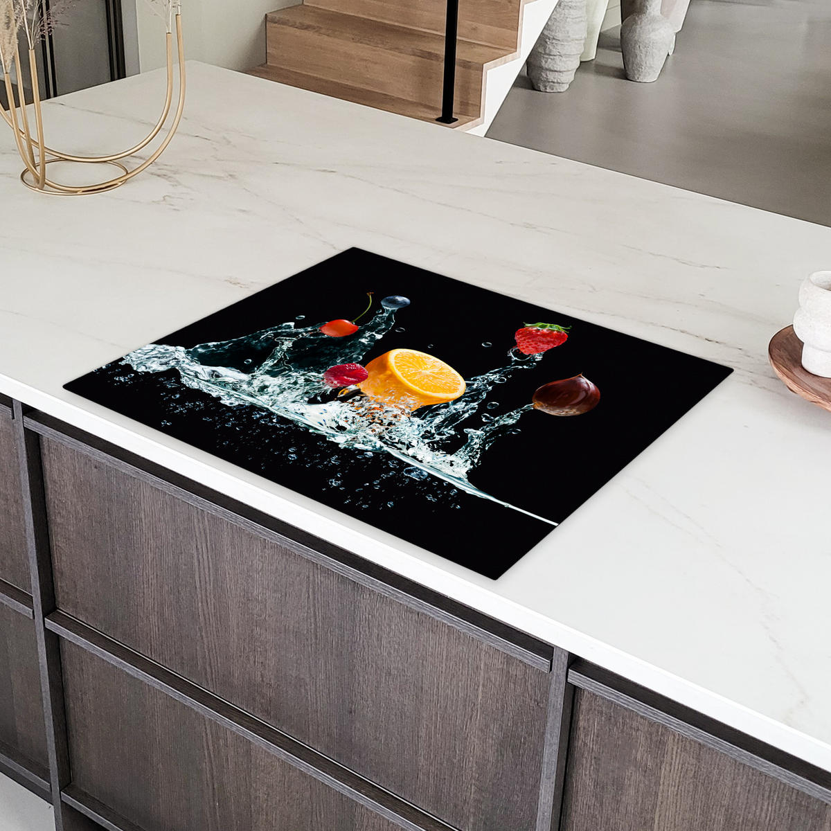 HERDABDECKPLATTE Wasser - Obst - Orange - Erdbeere - Kirsche - Schwarz 77x59 cm - Orange, Kunststoff (77/59/0.2cm) - MuchoWow