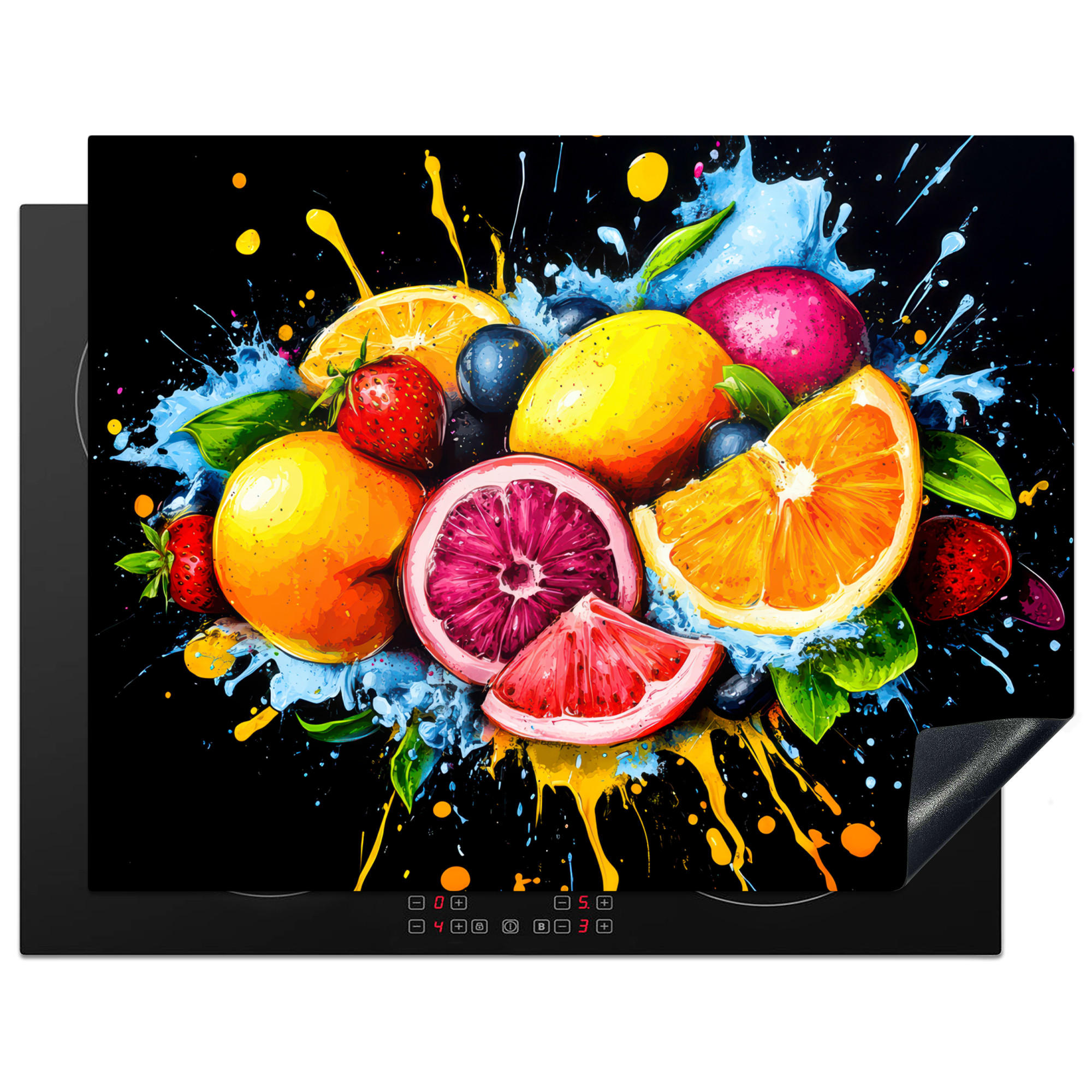 HERDABDECKPLATTE Obst - Graffiti - Bunt - Orange - Erdbeere - Abstrakt 77x59 cm - Orange, Kunststoff (77/0.2/59cm) - MuchoWow
