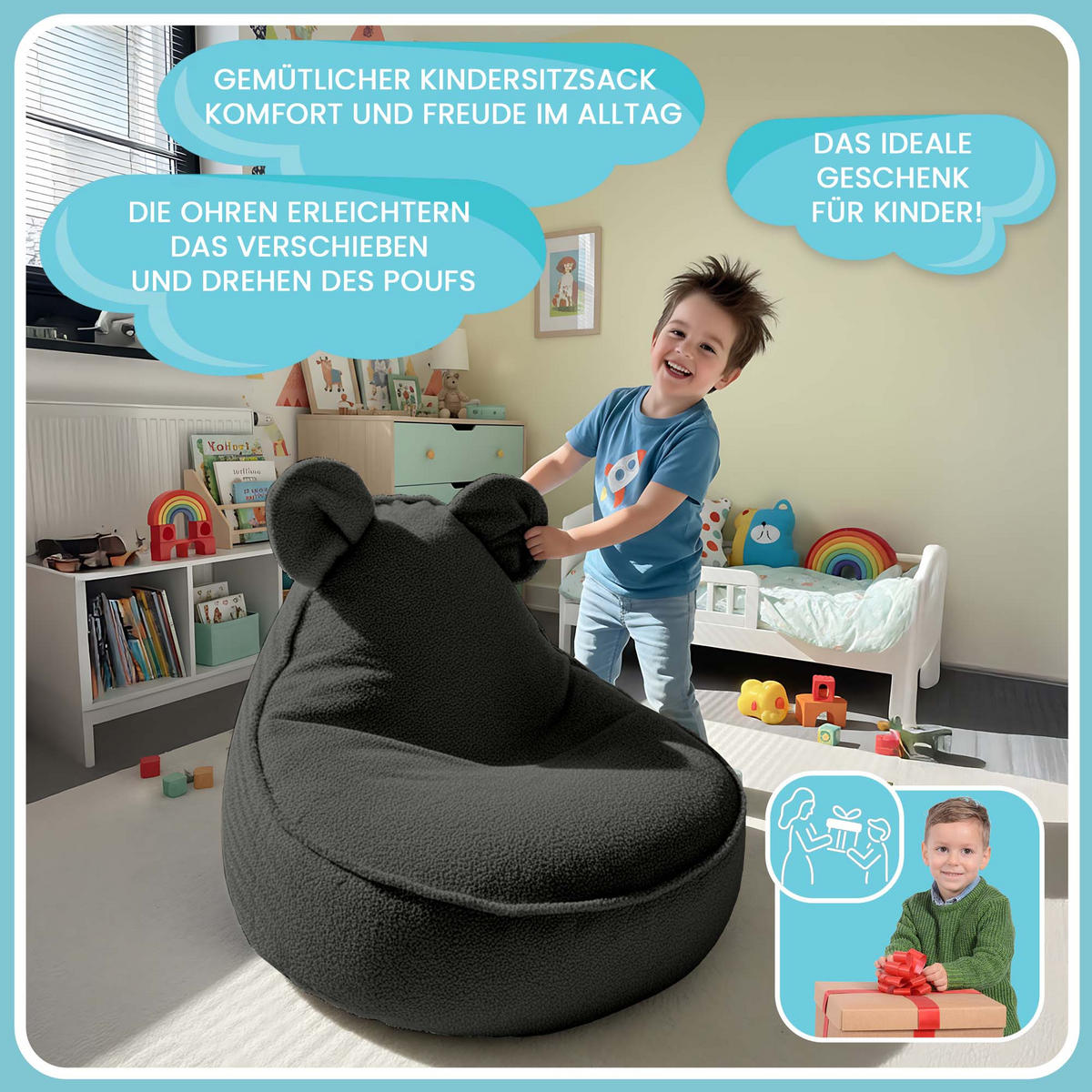 SITZSACK FÜR KINDER Maus 75/75/55 cm, weicher Bouclé 315 g/m², abnehmbarer Bezug, Steel Grey - Dunkelgrau, Textil (75/55/75cm) - Dreamroots