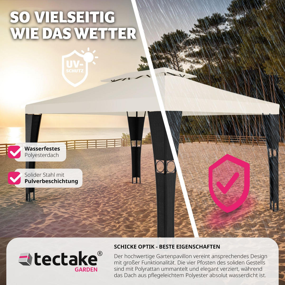 RATTAN GARTENPAVILLON Mona,inklusive Heringen,schwarz/creme - Creme/Schwarz, Kunststoff (300/265/400cm) - tectake