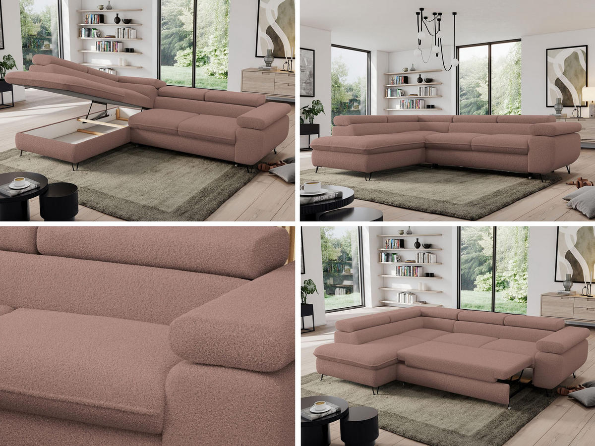 ECKSOFA PEDRO L Rosa Boucle - Links Seite - Schwarz/Rosa, Textil/Metall (208/273cm) - MKS