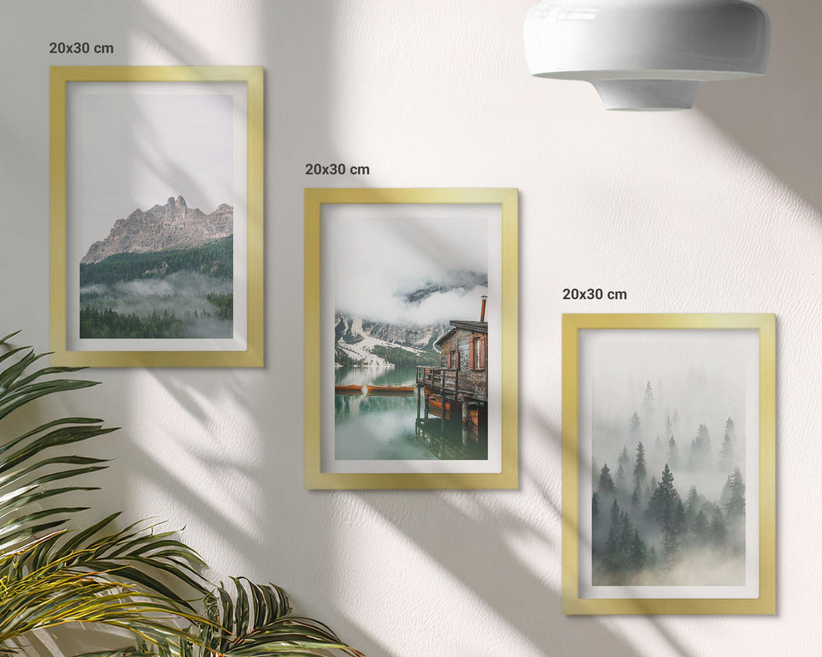WANDBILDER 3er Set - 20x30 cm Goldrahmen - Berge, See, Hütte, Nebel - Goldfarben, Kunststoff (20/30cm) - ArtPrintCave