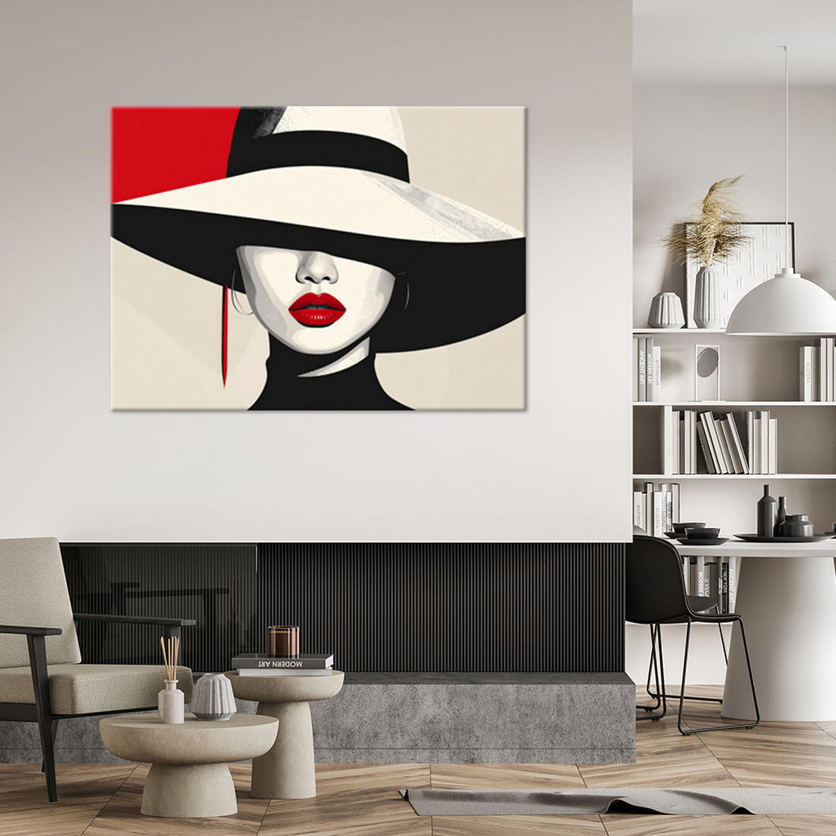 BILD auf Leinwand, Eine Frau mit einem breiten Hut und roten Lippen - Rot, Textil (120/80cm) - Feeby