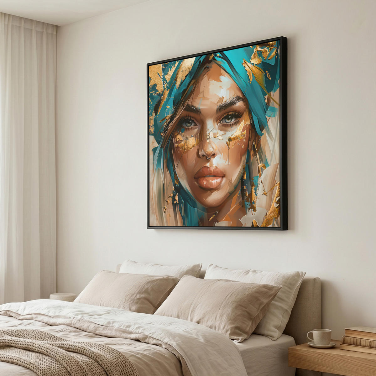 LEINWAND Bilder mit Rahmen - Frau - Porträt - Gold - Luxus - Blau - 90x90 - Türkis, Textil (90/90cm) - MuchoWow