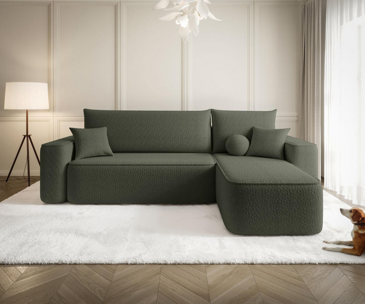 ROHOVÁ pohovka TEXAS pravá tmavě zelená buklé Quelle 37 - funkce spaní, úložný prostor - smaragdově zelená, textil (250/149cm) - Cornero