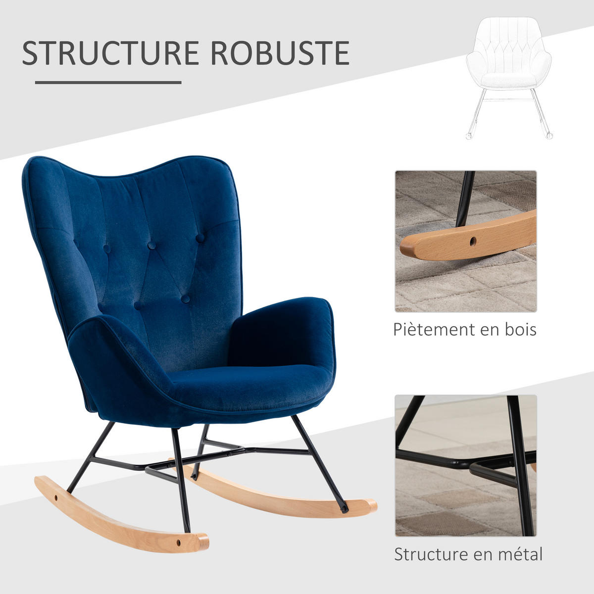 SCHAUKELSTUHL, Stillstuhl mit Samtbezug, Blau, für Wohnzimmer - Multicolor, Holzwerkstoff (65/96/70cm) - FORIOUS